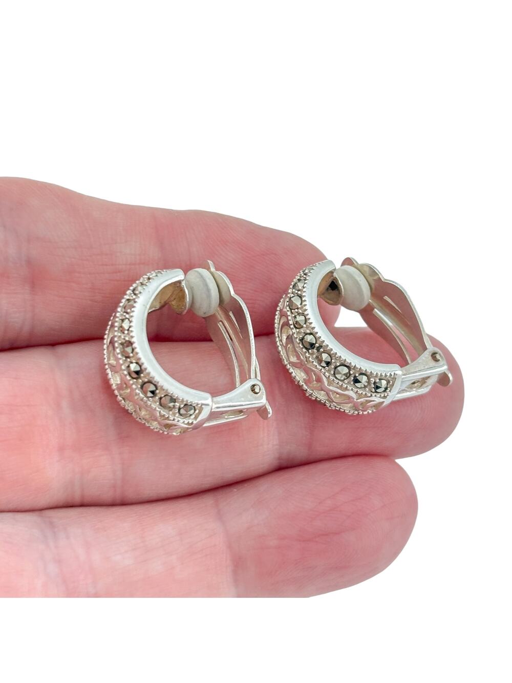 Vintage Sterling Silver 925 Marcasite Hoop Earrings